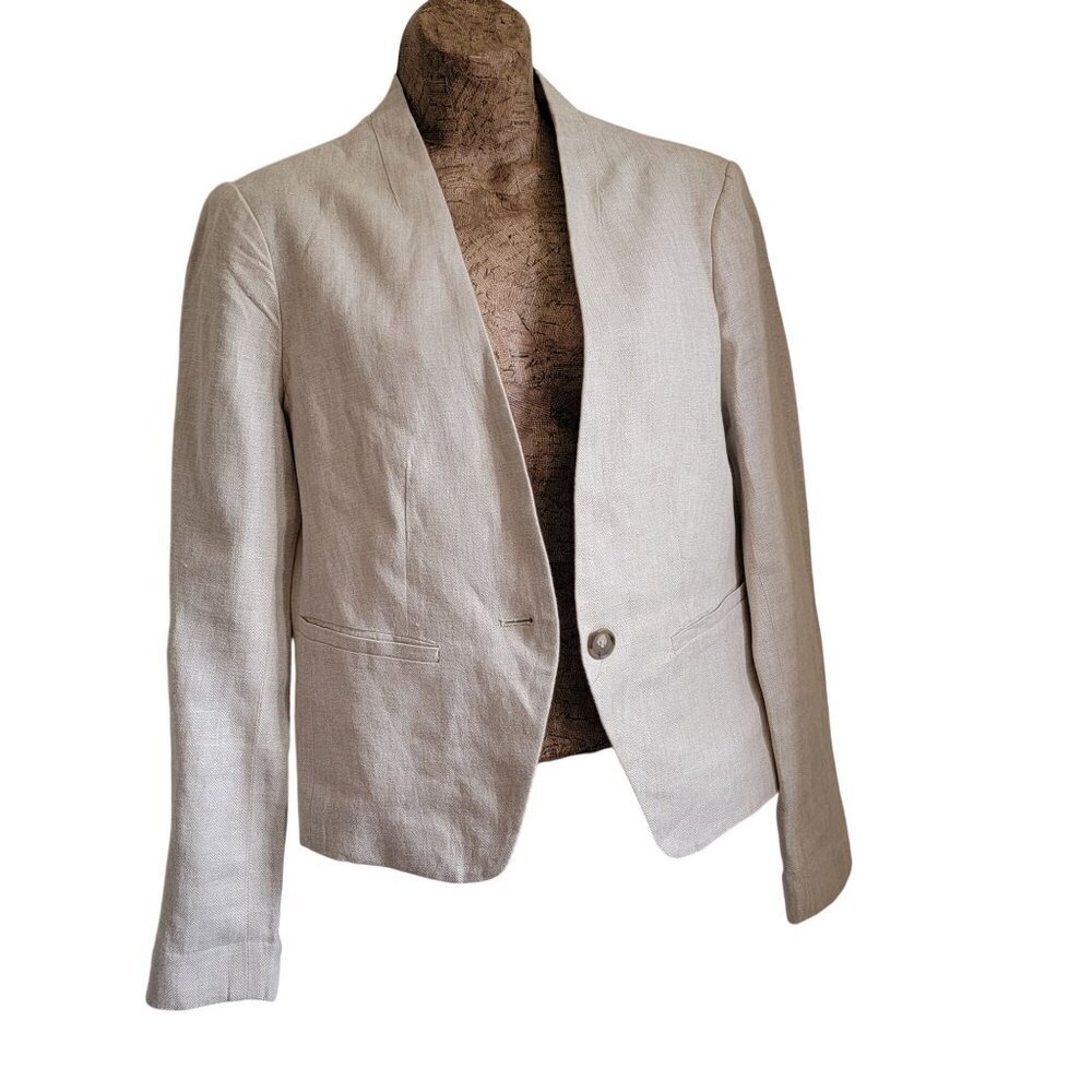 Women's Loft Beige Linen Single-Button Blazer with Pockets Classic Style